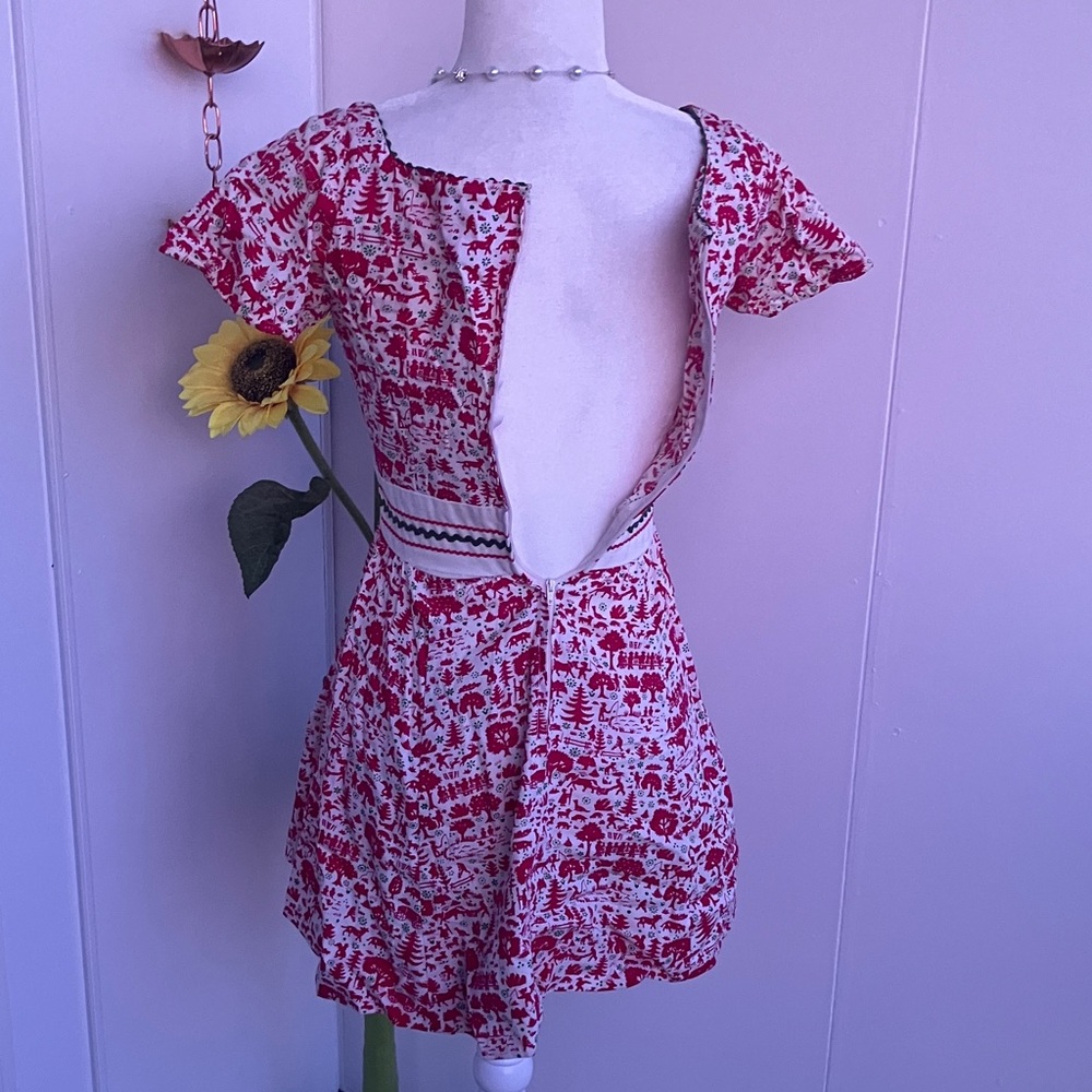Vintage 60s 70s Lanz Original Countryside Novelty Print Red, Cream,& Green Dress - Picture 8 of 12